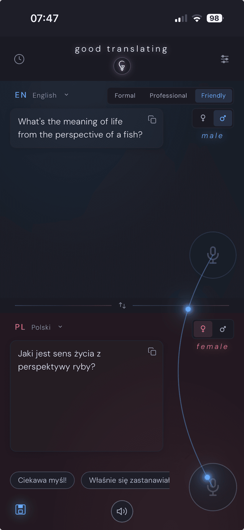 Two-Way Translator: push-to-talk interface on phone